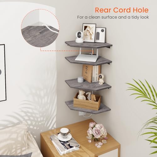 Homode Corner Shelf Wall Mount, Set of 4 Corner Floating Shelves with Cord Hole, Wall Shelf Organizer, Wood Hanging Stor