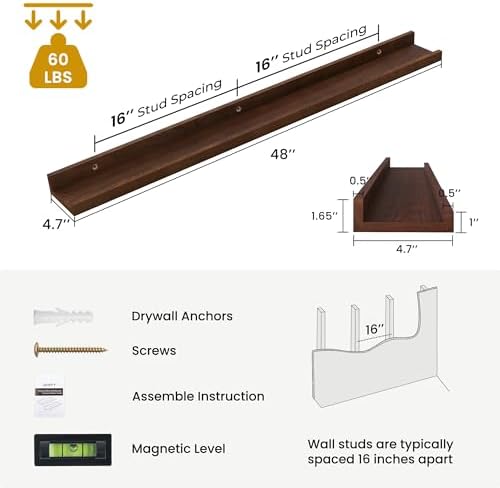 Acovy Solid Ash Wood Floating Shelves, 48 Inch, Walnut, Set of 2