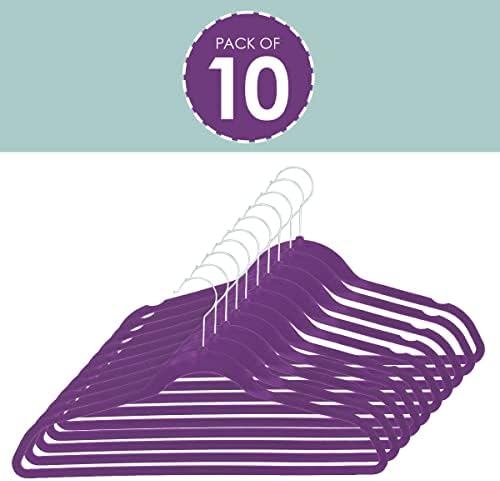 Sunbeam Slip-Proof Snag-Free Ultra Slim Velvet Hanger with Rotating Steel Hook (Pack of 10) (PURPLE)