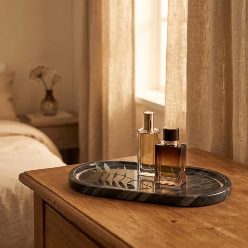 YKAJO Antique Wood Oval Marble Tray, 11.8x5.9 Vanity Perfume Organizer