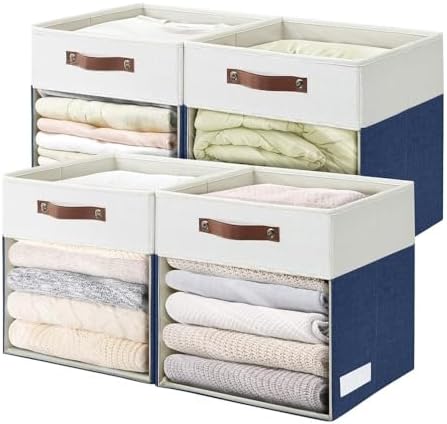 Bagnizer Storage Cubes, 4 Pack Linen Foldable Storage Bins with Clear Window and 2 Handles, 13x15x13 Storage Cube Bins for Shelf Closet, Kallax, Clothes, Books - (Navy Blue / Off-White)