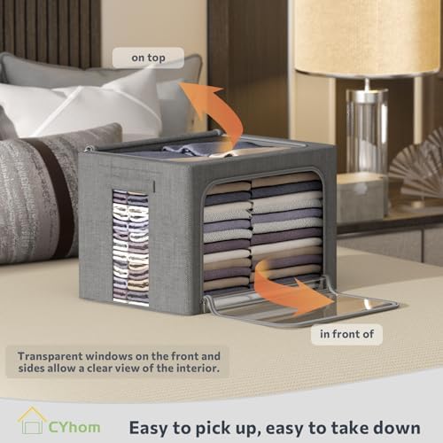 CYhom 3Pack Foldable Storage Bins - Frame Storage Box Linen Fabric Stackable Clothes Container Organizer with Clear Wind