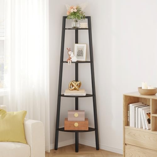 Hoctieon Corner Shelf, 4-Tier Corner Bookshelf, Rustic Ladder Shelf, Industrial Display Stand for Living Room, Kitchen, 
