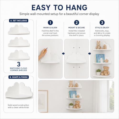 Cloud Corner Shelves, Set of 3, Wall Mounted, White