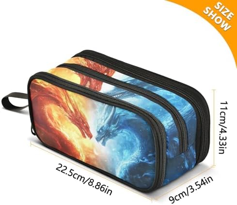 Wfrish Red Dragon Fire Blue Large Capacity Pencil Case, 3 Compartments Pen Pouch Organizer for School College Office, Zippers Big Pencil Bag for Teens Adults Girls Boys Makeup