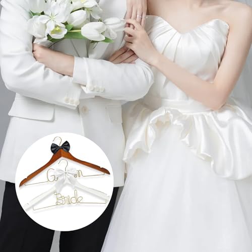 2 Pcs Bride Hanger for Wedding Dress, Bride and Groom Wooden Wedding Hangers Set, Wooden Bridal Dress Hanger with Party Shower Gift