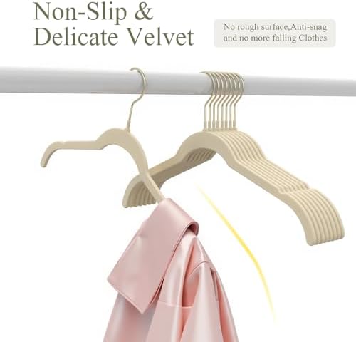 Korpai 30 Pack Beige Velvet Hangers, Non Slip,Durable,Slim Hangers Space Saving,Felt Hangers with Gold 360°Swivel Hook for Coats,Strappy Dresses,Shirts,Sweater ect