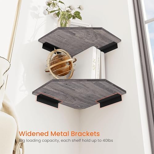 Homode Corner Shelf Wall Mount, Set of 4 Corner Floating Shelves with Cord Hole, Wall Shelf Organizer, Wood Hanging Stor