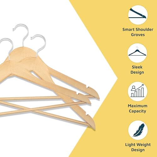 Lifemaster Wooden Clothes Hangers – with 360 Degree Swivel Hook and Non-Slip Shoulder Notch, Holds Up to 10 lbs, Pants B