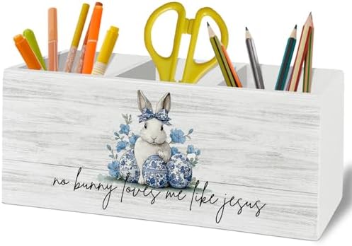 Easter Bunny Decor, Chinoiserie Christian Easter Bunny Pen Pencil Holder Organizer for Desk Accessories, Blue and White Floral Rabbit Wooden Box Sign Desk Decor for Home Office Decoration