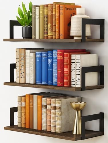 Harwaya Floating Book Shelves for Wall Set of 3, 17 x 8 Inch Deep Wooden Wall Bookshelf for Bedroom Office, Rustic Wood 