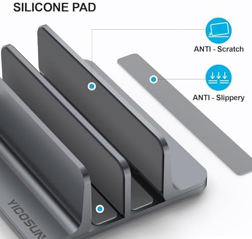 YICOSUN Dual-Slot Aluminum Vertical Laptop Stand for Desk - Adjustable Width Dock for MacBook, Surface, Samsung, HP, Del