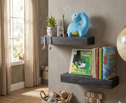 Rectangle Floating Shelves Set of 2 - Rustic Wood Weathered Grey - 16.5 inch Ledge for Storage and Trophy Display - Home