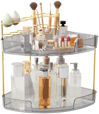 FELIZHOUSE 2-Tier Makeup Organizer for Vanity & Bathroom Countertop – Acrylic Storage Shelf with Perfume Tray & Makeup B
