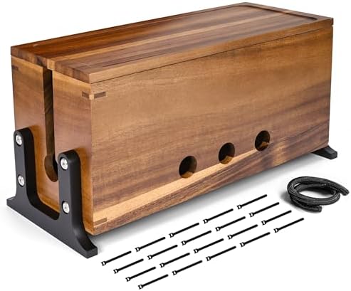 Extra Large Acacia Wood Cable Management Box, Pet Child Safe Cord Hider