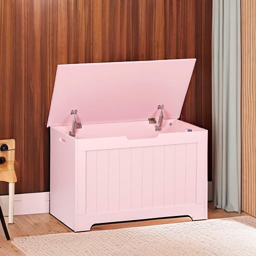 LEMY Storage Bench, Wooden Chest Box with 2 Safety Hinges, Modern Organizer Cabinet for Living Room, Bedroom, Entryway, Pink