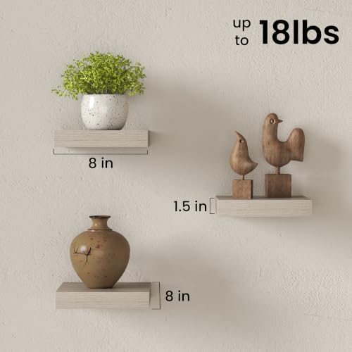 8" Long x 8" Deep Floating Shelves for Wall, Set of 3, 1.5" Thick, Gray