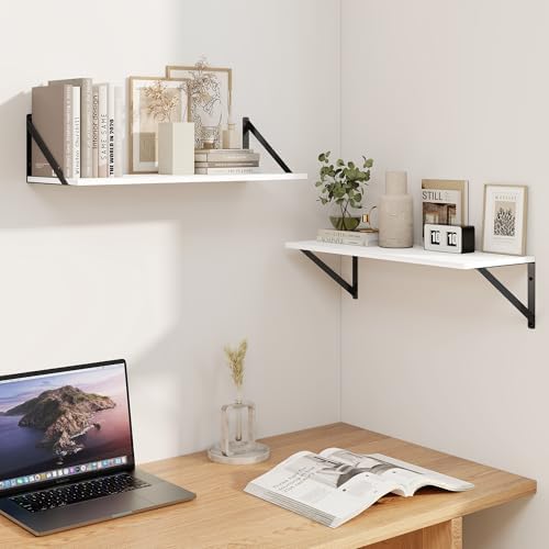 Heimlove White Deep Floating Shelves for Wall, 24W x 8D Wood Wall Shelves Set of 2, Wide Floating Bookshelf for Living R