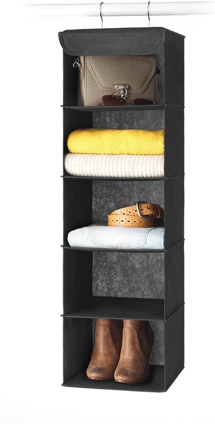 Whitmor 5 Tier Shelf Hanging Closet Organizer, Hanging Shelves with 2 Sturdy Metal Hooks,Foldable(Black)