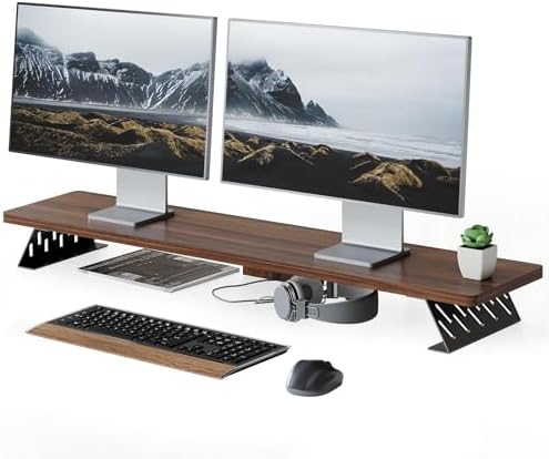 Fenge Monitor Stand Riser, Wooden & Metal Desk Shelf Organizer, Brown