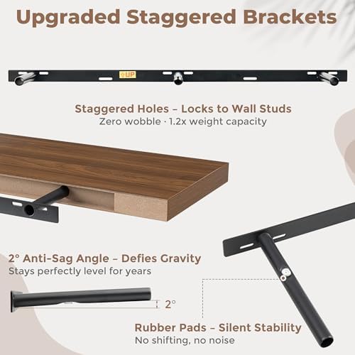 FLYJOE 55 Inch Floating Shelves for Wall Set of 2, 6.5" D Wood Grain Bathroom Shelves with Invisible Brackets, Easy Install Engineered Wood Storage Shelves for Kitchen, Living Room, Bedroom