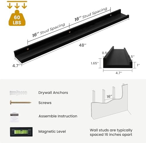 Acovy Solid Ash Wood Floating Shelves, 48 Inch, Black, Set of 2