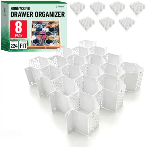 Evelots 8-Pack Honeycomb Drawer Organizers, 224 Cells, Expandable, White