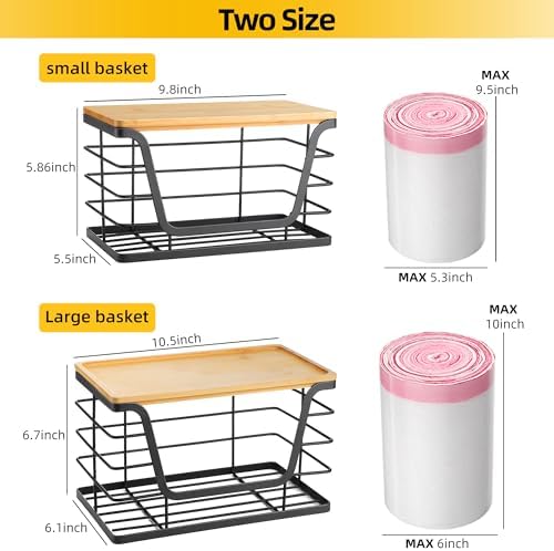 ALOCEO 2 Pack Storage Stackable Kitchen Laundry Organizers with Bamboo Top, Large Trash Bag Holder and Small Garbage Bag