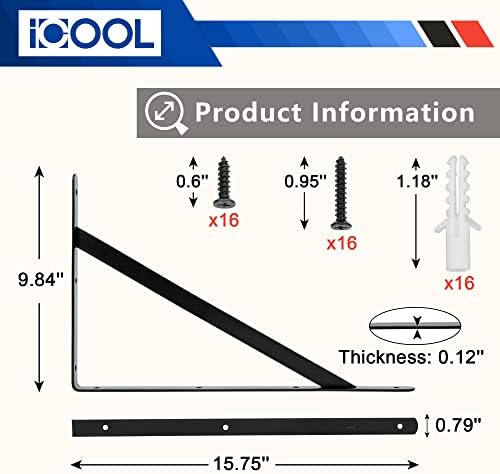 8 Pack L16 x H 10" Heavy Duty Shelf Bracket with Screws, Shelves L Brackets