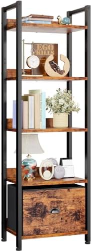 Furologee 5 Tier Bookshelf with Drawer, Tall Narrow Bookcase, Rustic Brown