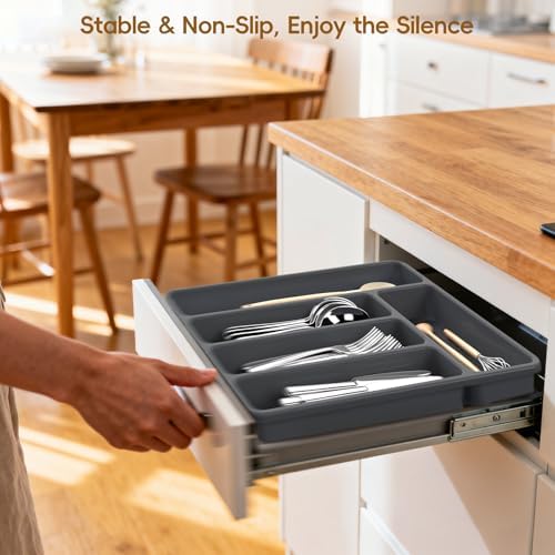 Non-Slip Silicone Kitchen Drawer Organizer for Utensils & Flatware | Heavy-Duty Silverware Cutlery Tray Insert | Waterproof, Easy-Clean for Office, Junk Drawer