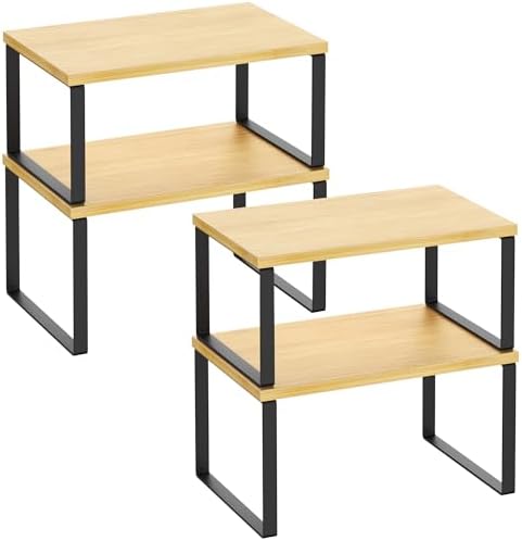 Kitchen Cabinet Organizer Shelf Set of 4, Sturdy Kitchen Counter Shelves with Metal Legs, Stackable Expandable Wood Spic