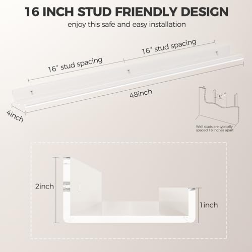 HBlife 48 Inches Invisible Wall Floating Bookshelf for Kids and Nursery, Clear Acrylic Shelves for Figures, 16 Inch Stud