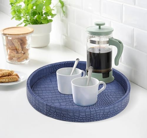 HofferRuffer Faux Leather Round Serving Tray, Vegan Croco Leather Decorative Tray, Food Tray for Storage Drinks, Snack &