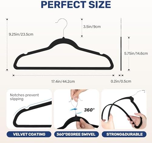 YSSOA Velvet Hangers 30 Pack, Heavy Duty Non-Slip Clothes Hangers with Shoulder Notches, 360° Swivel Hooks, Black