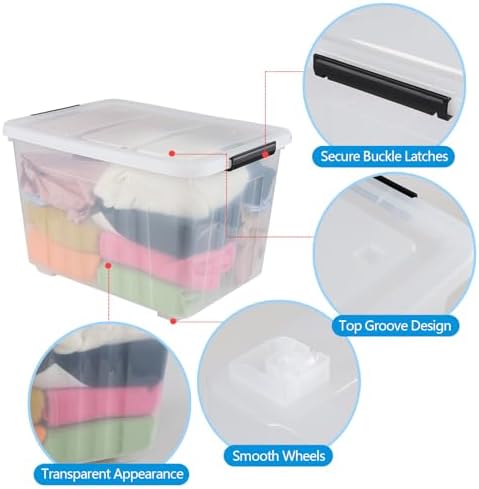 Wekioger 50 Quart Latching Box, 4 Packs Plastic Lidded Storage Bin