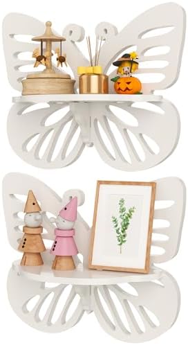 White Butterfly Shelves 2 Tier - Nursery Wall Deor Floating Shelf, Cute Wall Display Rack for Kid’s Room, Small Decorati
