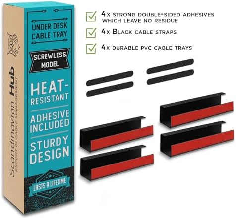 Scanfield Under Desk Cable Management Tray, No-Screw, 17-Inch, 4-Pack Black