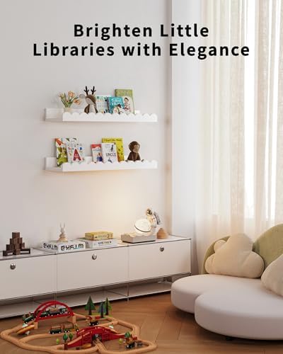 Shario Nursery Book Shelves, 4-Pack White Floating Shelves for Wall Kids, Scalloped Shelves, Wall Book Shelves for Bedro