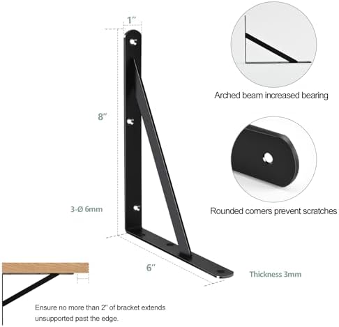 32 Pack L8 x H 6" Black Heavy Duty Shelf Brackets with Screws Metal Shelf Brackets Shelf Support Angle Brackets for Shel