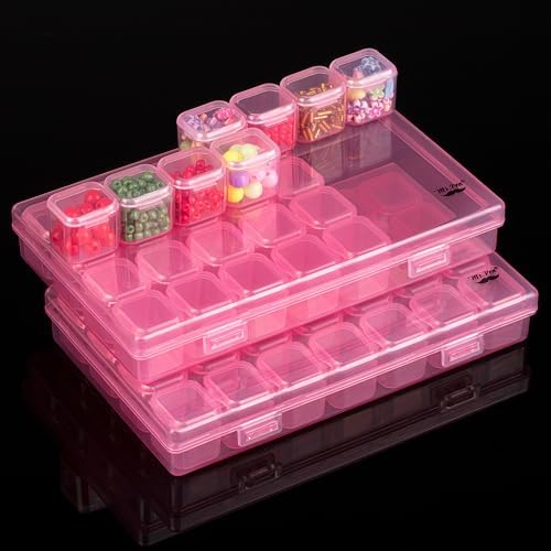 Mr. Pen- Bead Storage Containers, 28 Grids, 2 Pack, Transparent Pink