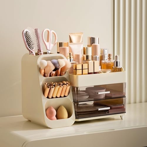 HBlife Makeup Organizer with Brush Holder for Vanity, Large Plastic Bathroom Countertop Organizer Skin Care Storage, Eas