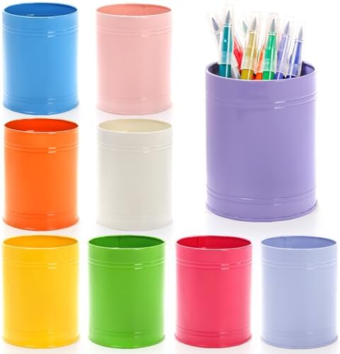 Tlence 9 Pack Metal Pen Holders for Desk, Colorful Bulk Round Pencil Cup Caddy, Desktop Stationery Organizer and Accessories for Office Classroom, Makeup Brush Storage, 3.5 x 4.5 Inches