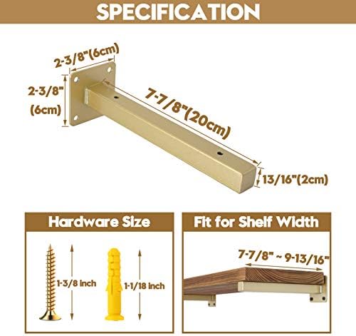 AddGrace 4 Pack Shelf Brackets Wall Mounted Gold Shelf Brackets Heavy Duty Metal Rustic Floating Shelf Bracket with Scre