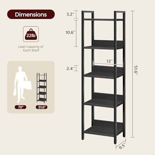 MAHANCRIS 5-Tier Bookshelf, Bookcase, Shelves Organizer for Small Spaces, Storage Shelf Organizer, for Living Room, Bedr