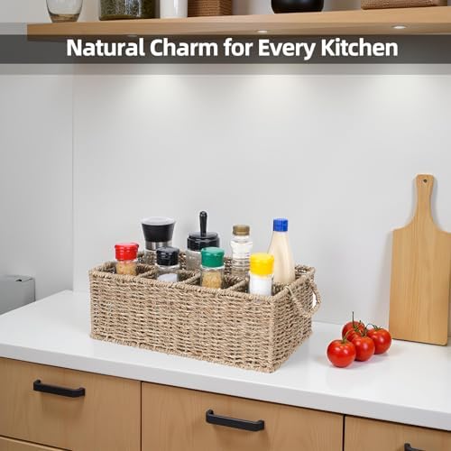 Wicker Party Silverware Caddy, Handwoven Seagrass Cutlery Utensil Holder with Handles, Kitchen Countertop and Picnic Fla