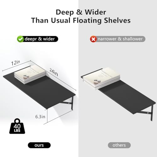 Deep Floating Shelves for Wall Set of 3, 24W x 12 Inch Deep Black Floating Shelves, Wide Floating Wall Mounted Shelves f