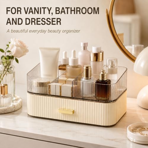 Makeup Organizer with Wide Drawer for Vanity, Stackable Cosmetic Organizer Countertop, Clear Skincare Storage for Bathro