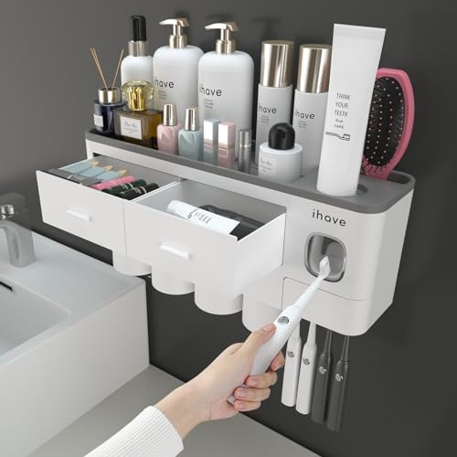 iHave Toothbrush Holders Wall Mounted with Toothpaste Dispenser & 4 Cups