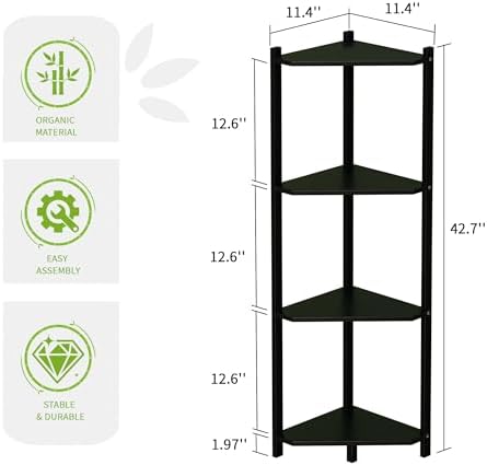 Wisuce Bamboo Small Corner Shelf Stand, 4-Tier Black Corner Bookshelf